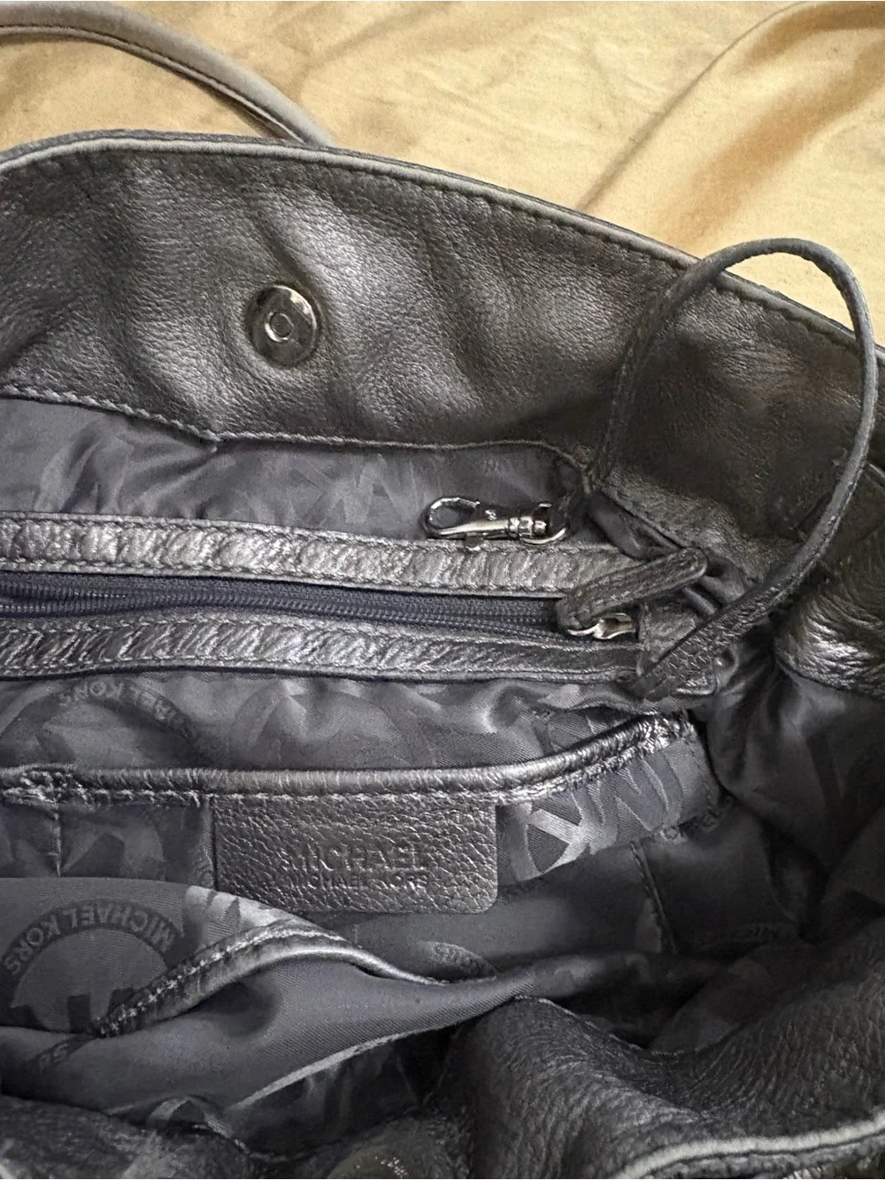 Michael Kors Metallic Charcoal Hamilton Leather Shoulder Bag with Chain Accents